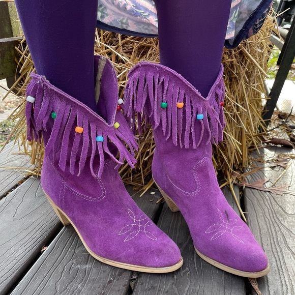 Vintage Shoes - Vintage 70’s Purple Fringe Suede Women's Boots/Purple Cowgirl Boots 7-7.5
